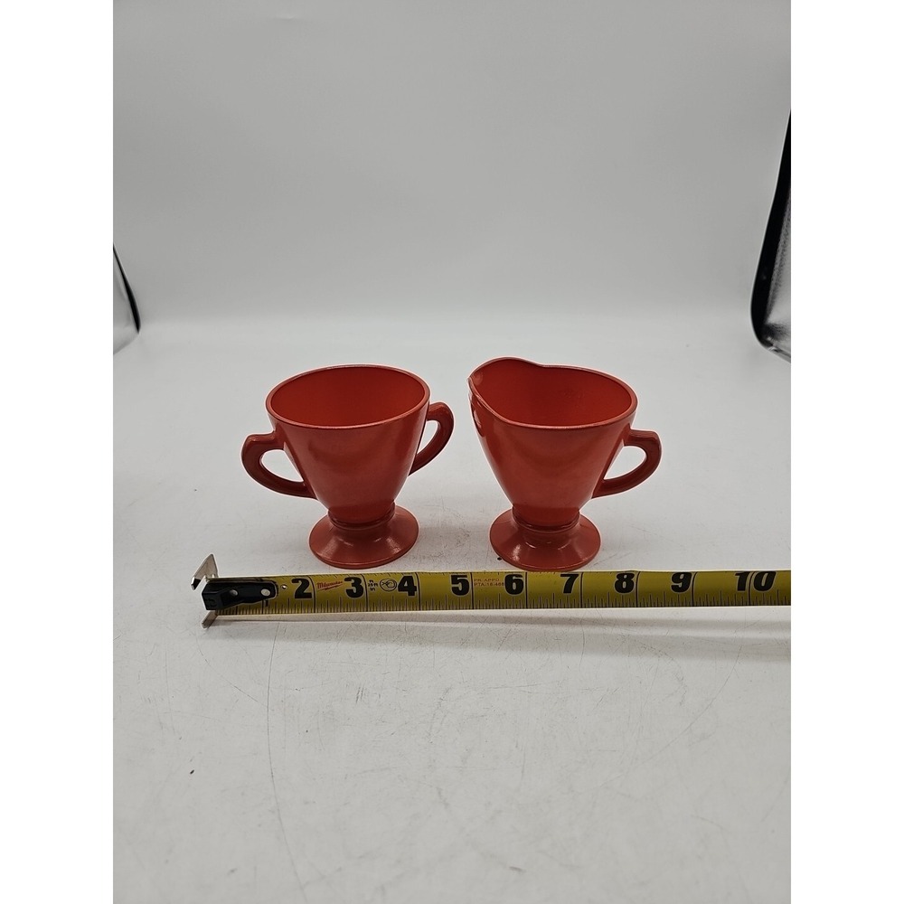 Hazel Atlas Burnt Orange Ovide Platonite Creamer and Sugar Set Anchor Hocking
